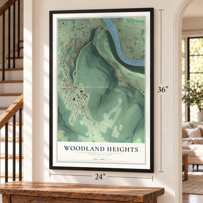 Woodland Heights, Pennsylvania map, 24 x 36 inch print in a black frame by a staircase