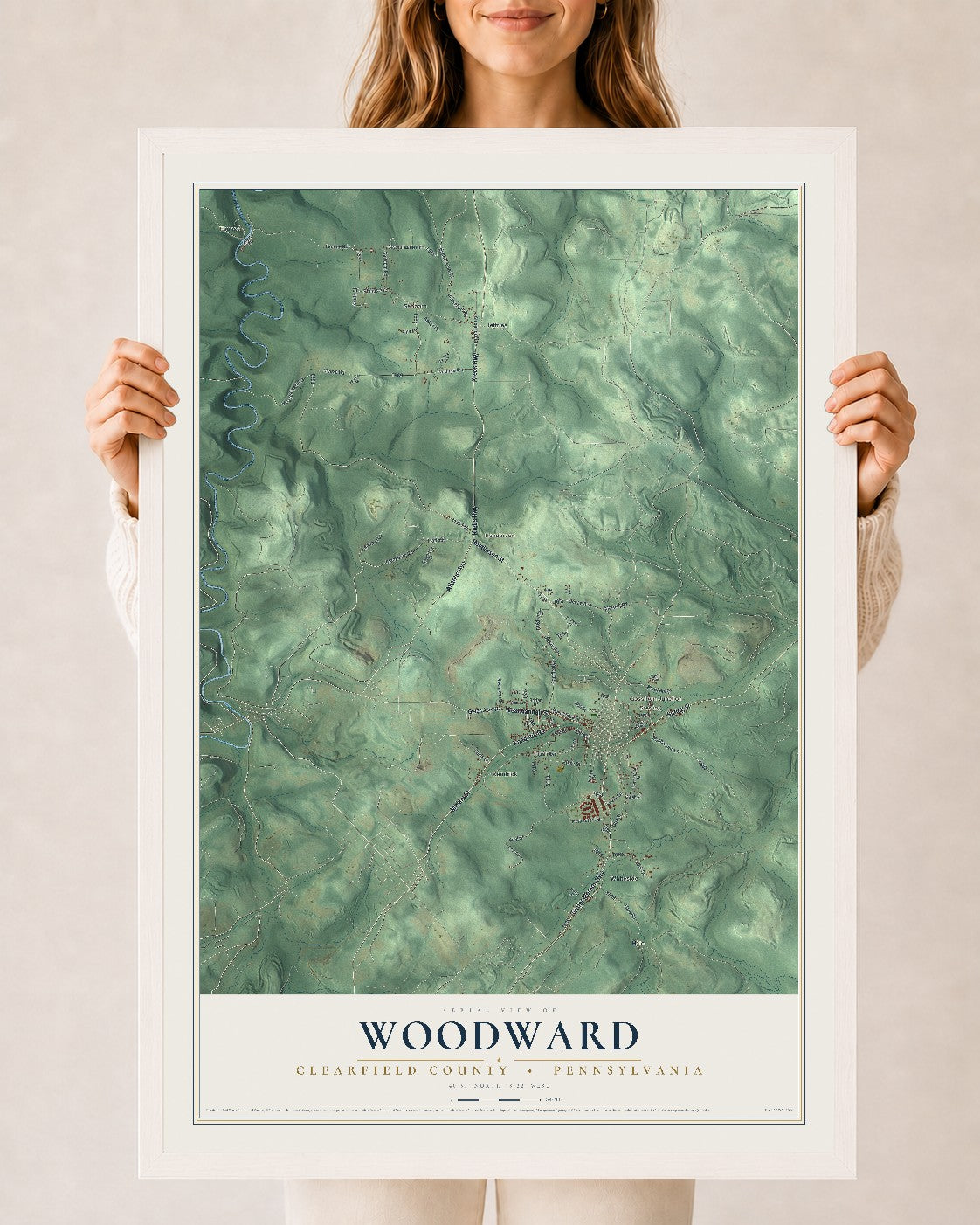 Map of Woodward, Clearfield County, Pennsylvania, 24 x 36 inch print in a white wood frame