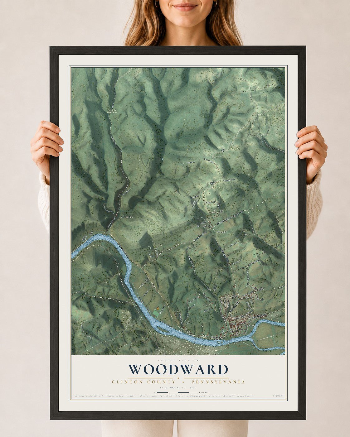 Map of Woodward, Clinton County, Pennsylvania, 24 x 36 inch print in a black wood frame