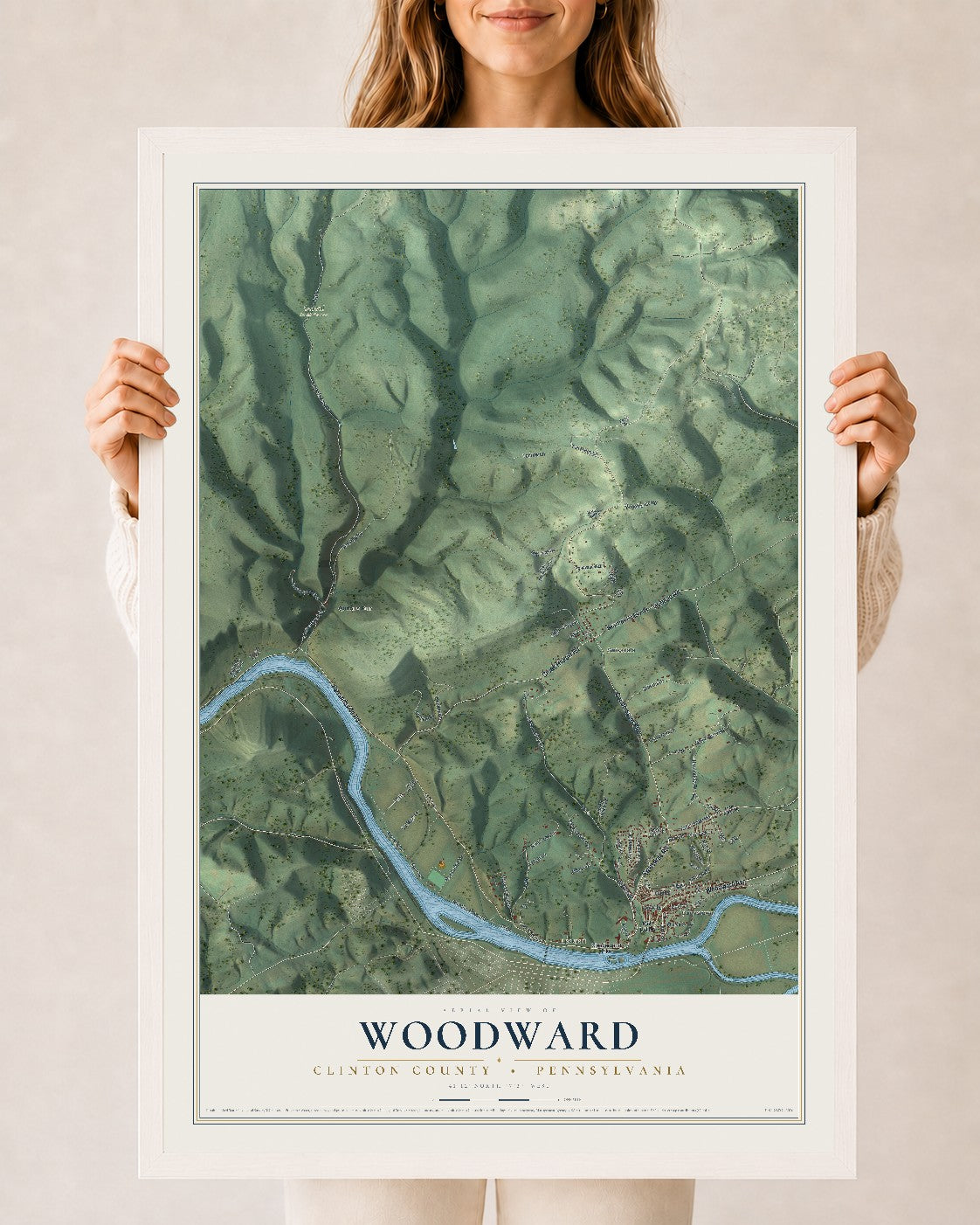 Map of Woodward, Clinton County, Pennsylvania, 24 x 36 inch print in a white wood frame
