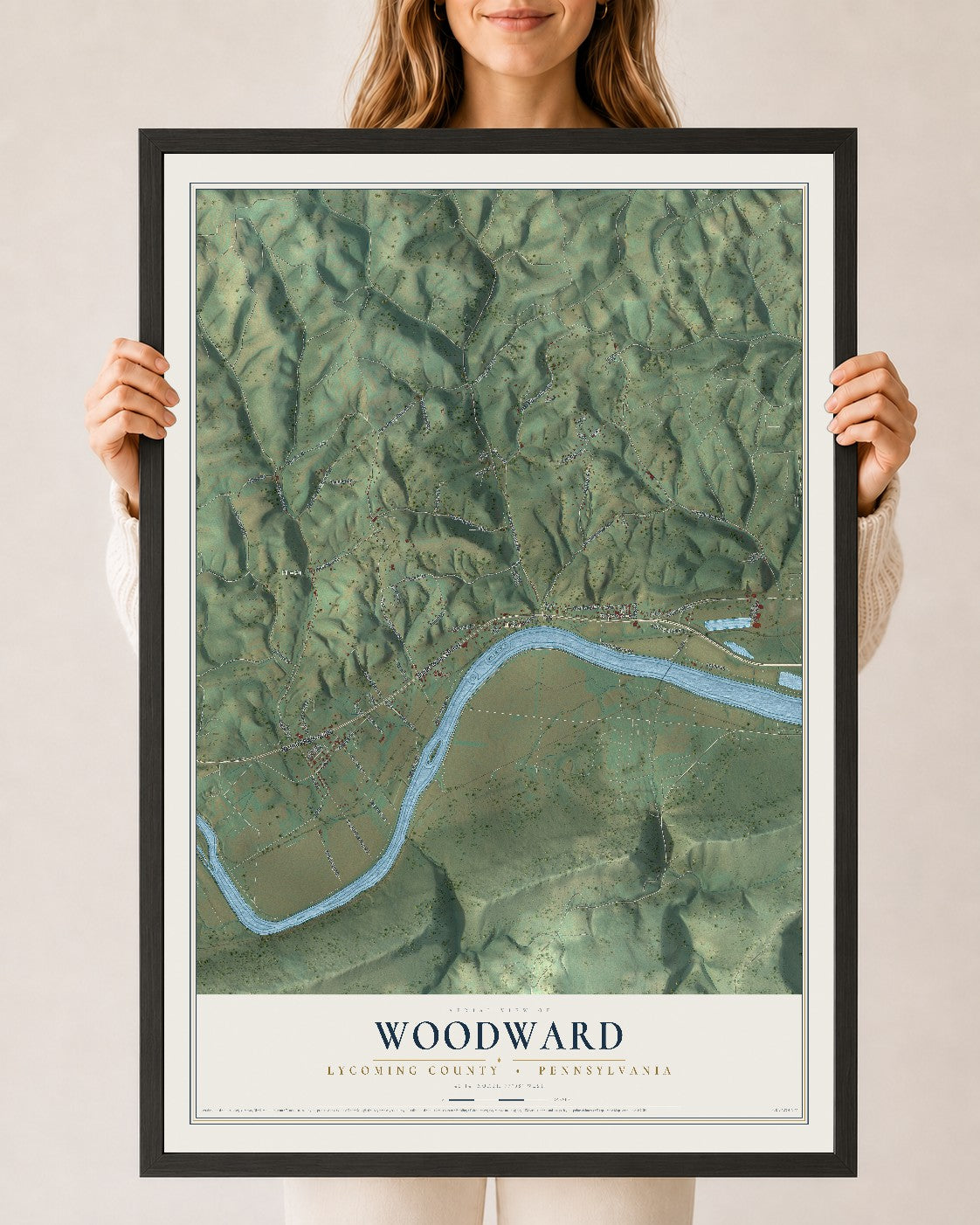 Map of Woodward, Lycoming County, Pennsylvania, 24 x 36 inch print in a black wood frame