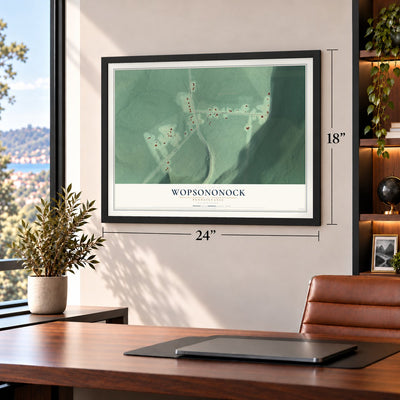 Wopsononock, Pennsylvania map, 18 x 24 inch print in a black frame in a home office