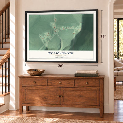 Wopsononock, Pennsylvania map, 24 x 36 inch print in a black frame above a dresser by a staircase