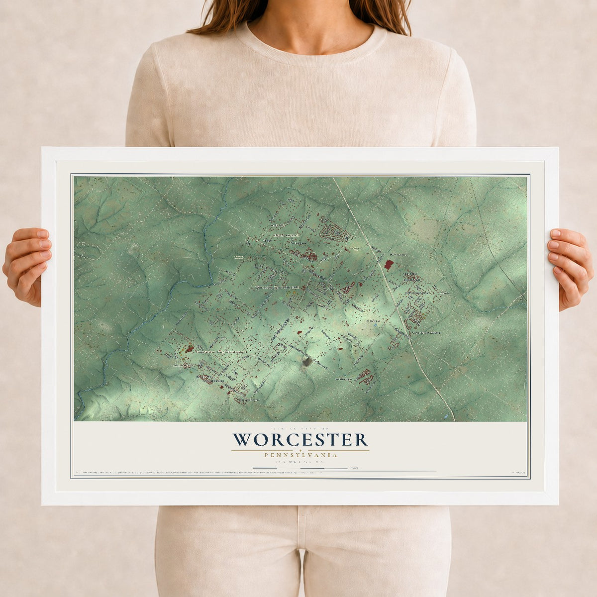 Map of Worcester, Pennsylvania, 12 x 18 inch print in a white wood frame