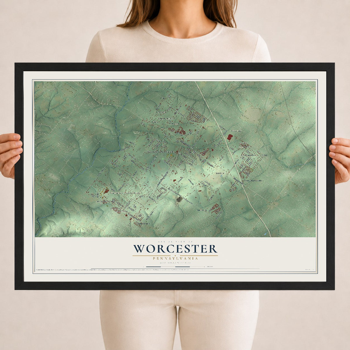 Map of Worcester, Pennsylvania, 18 x 24 inch print in a black wood frame