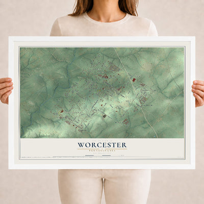 Map of Worcester, Pennsylvania, 18 x 24 inch print in a white wood frame