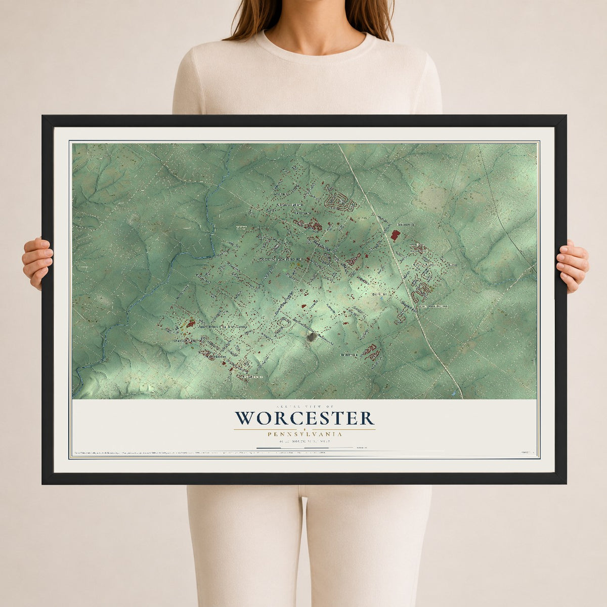 Map of Worcester, Pennsylvania, 24 x 36 inch print in a black wood frame
