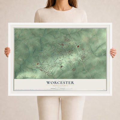 Map of Worcester, Pennsylvania, 24 x 36 inch print in a white wood frame