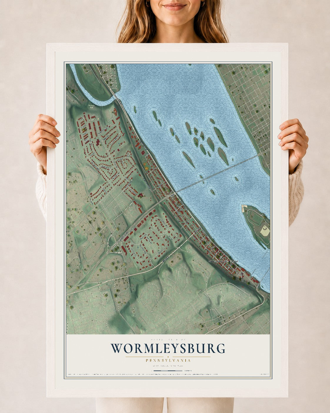 Map of Wormleysburg, Pennsylvania, 24 x 36 inch print in a white wood frame