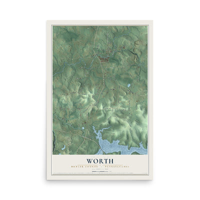 Map of Worth, Butler County, Pennsylvania, 12 x 18 inch unframed archival matte print