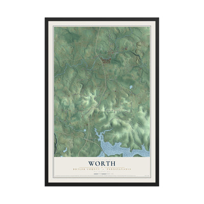 Map of Worth, Butler County, Pennsylvania, 12 x 18 inch print in a black wood frame