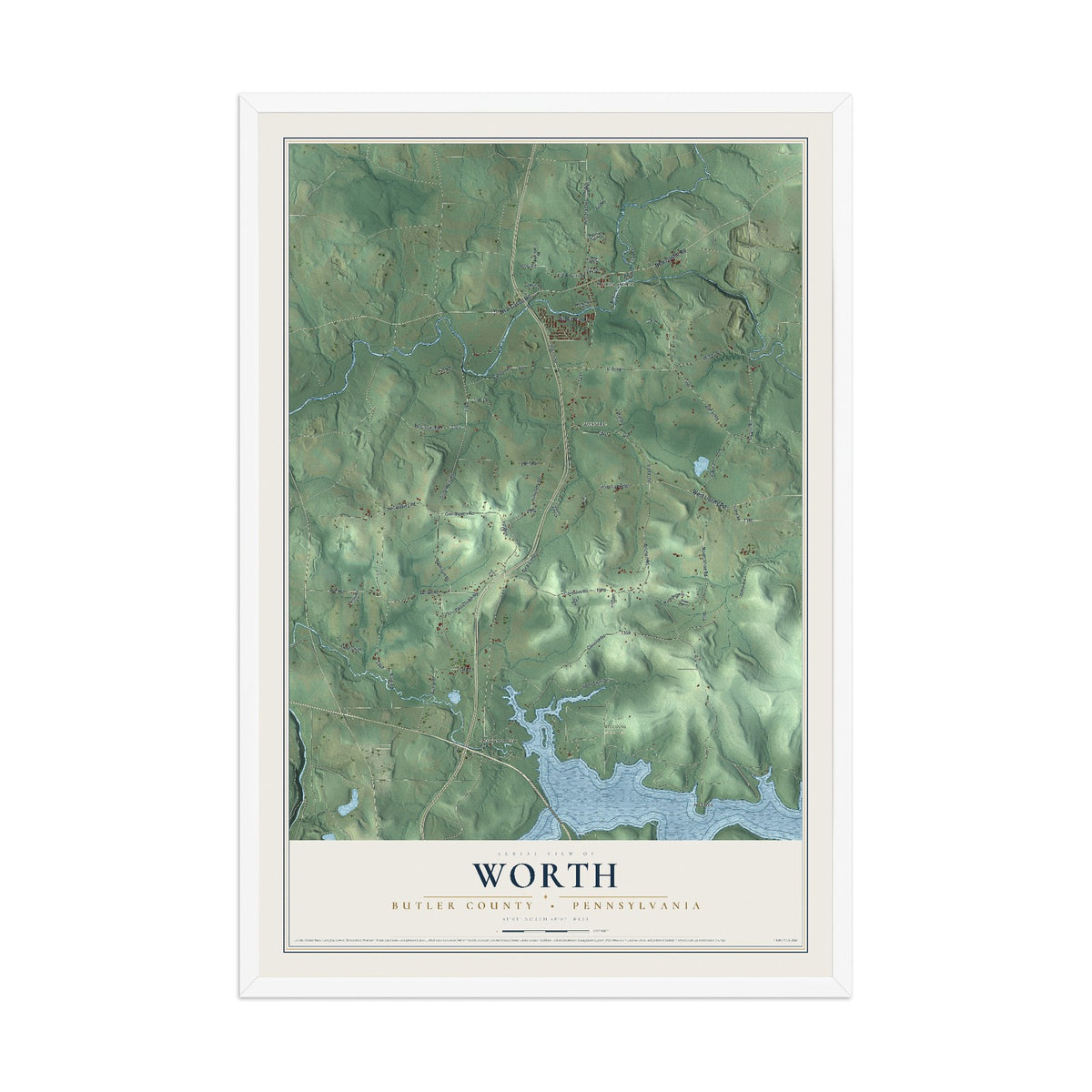 Map of Worth, Butler County, Pennsylvania, 12 x 18 inch print in a white wood frame