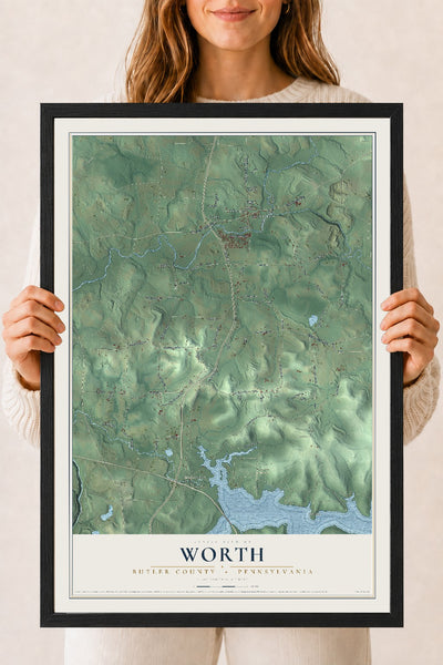 Map of Worth, Butler County, Pennsylvania, 18 x 24 inch print in a black wood frame