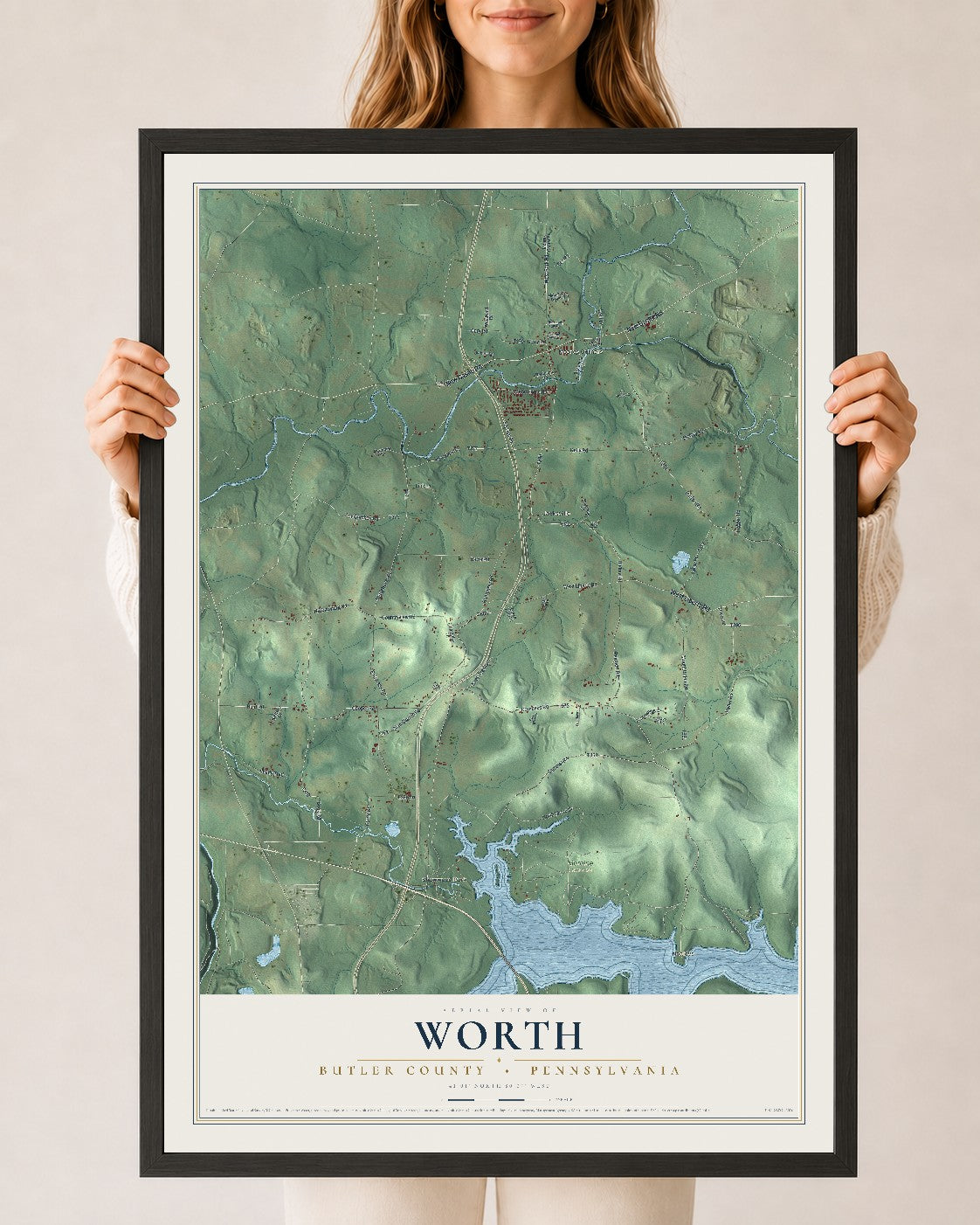 Map of Worth, Butler County, Pennsylvania, 24 x 36 inch print in a black wood frame