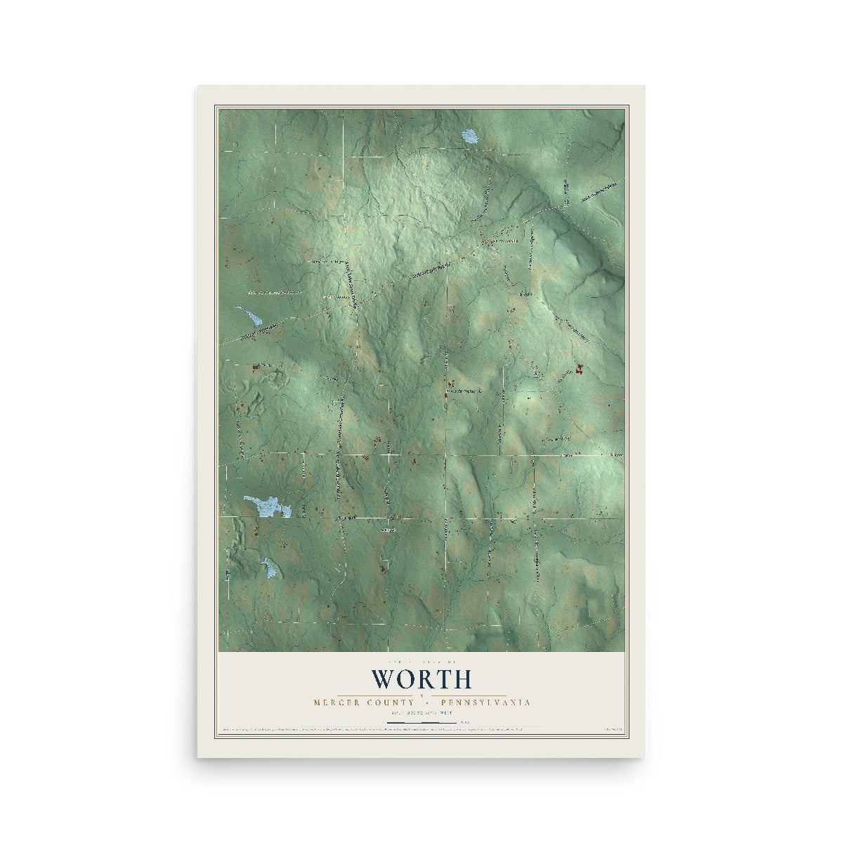 Map of Worth, Mercer County, Pennsylvania, 12 x 18 inch unframed archival matte print