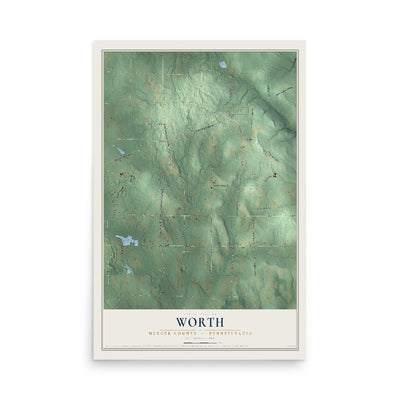 Map of Worth, Mercer County, Pennsylvania, 12 x 18 inch unframed archival matte print