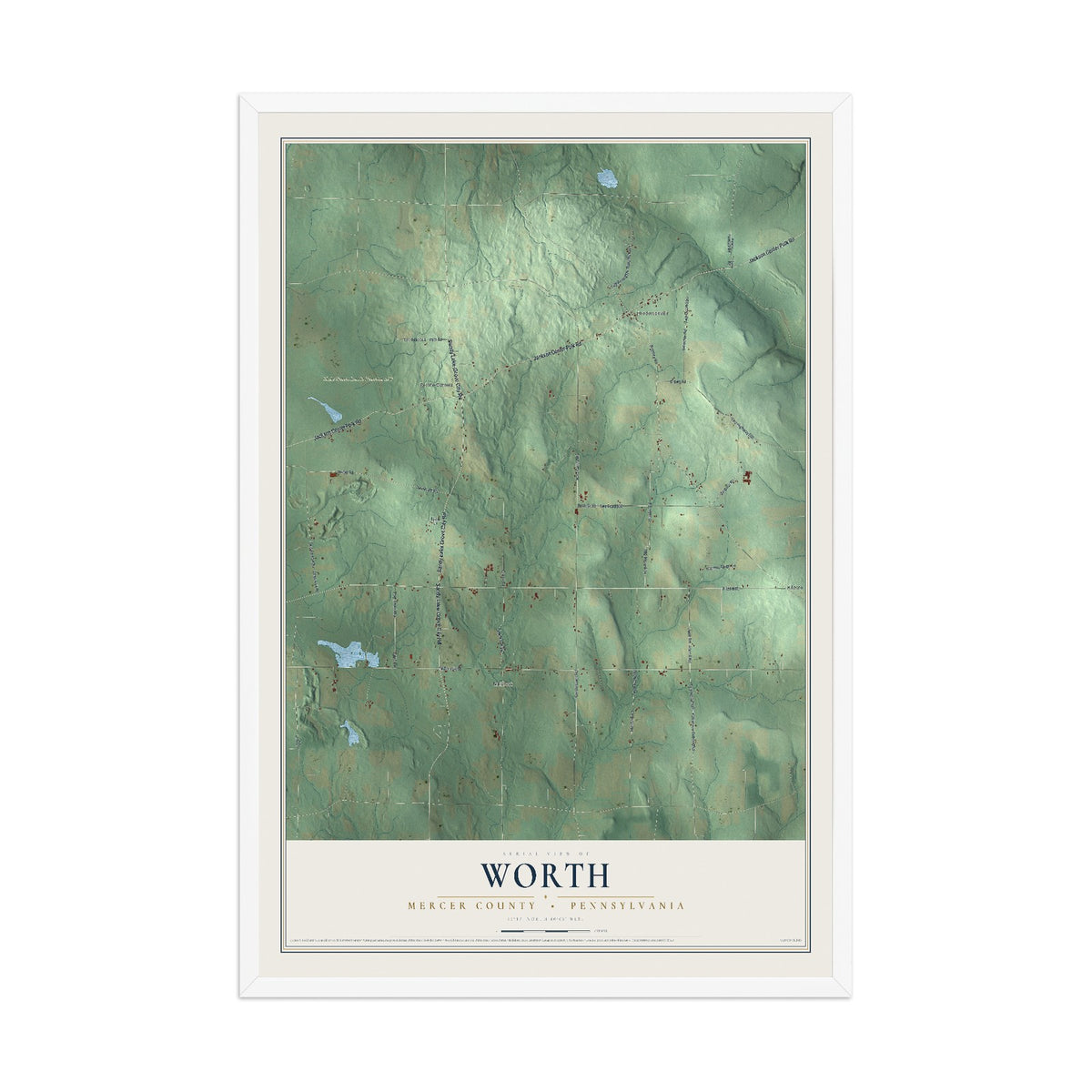 Map of Worth, Mercer County, Pennsylvania, 12 x 18 inch print in a white wood frame