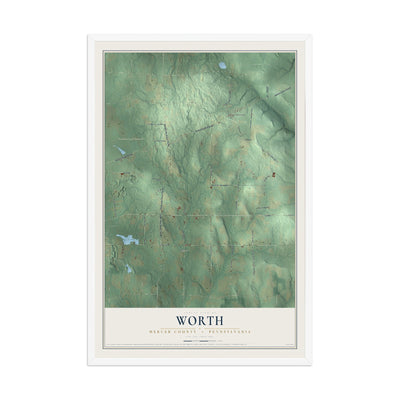 Map of Worth, Mercer County, Pennsylvania, 12 x 18 inch print in a white wood frame