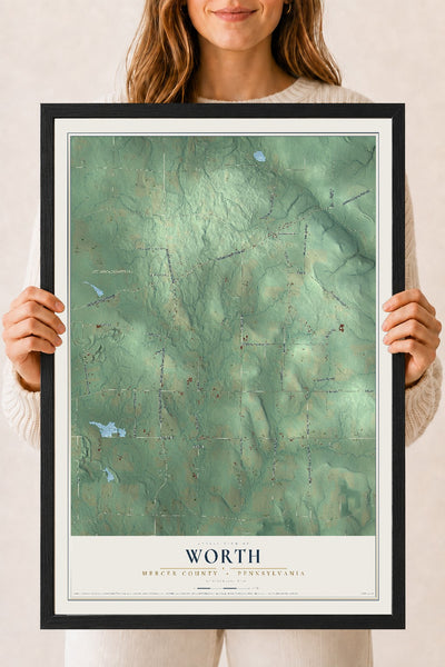 Map of Worth, Mercer County, Pennsylvania, 18 x 24 inch print in a black wood frame