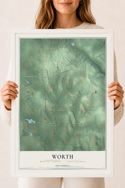 Map of Worth, Mercer County, Pennsylvania, 18 x 24 inch print in a white wood frame