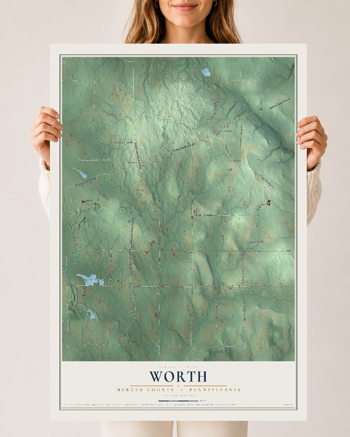 Map of Worth, Mercer County, Pennsylvania, 24 x 36 inch unframed archival matte print