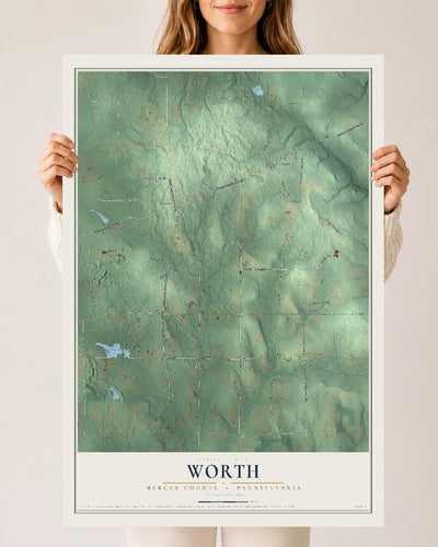 Map of Worth, Mercer County, Pennsylvania, 24 x 36 inch unframed archival matte print