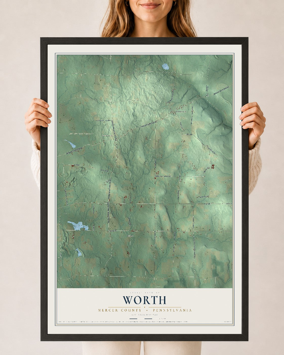 Map of Worth, Mercer County, Pennsylvania, 24 x 36 inch print in a black wood frame