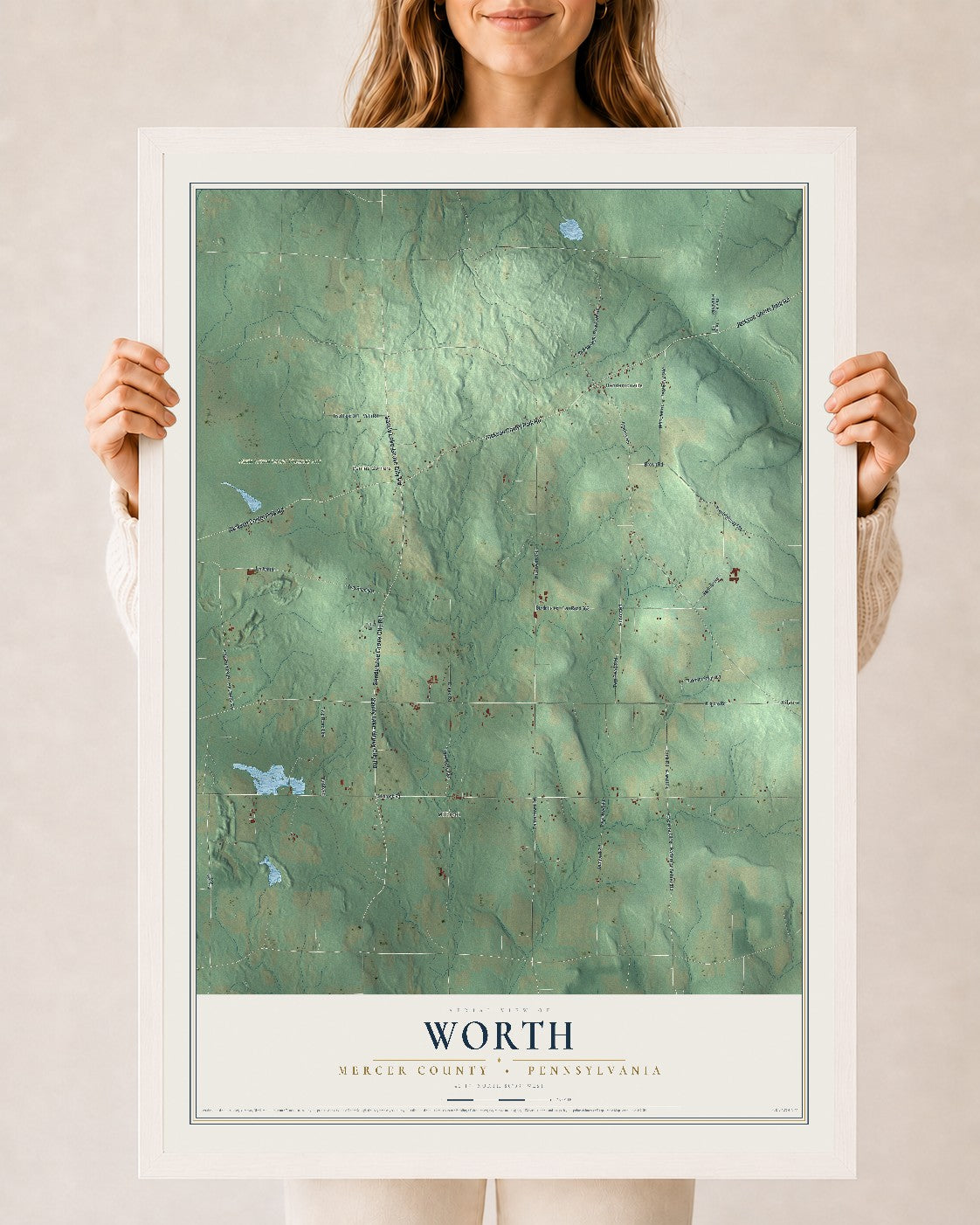 Map of Worth, Mercer County, Pennsylvania, 24 x 36 inch print in a white wood frame