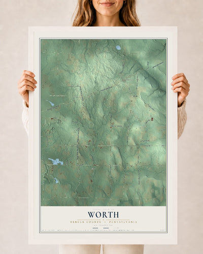 Map of Worth, Mercer County, Pennsylvania, 24 x 36 inch print in a white wood frame