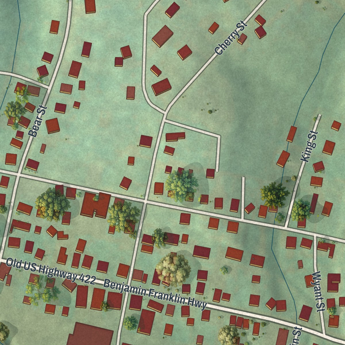 Close-up of the map of Worthington, Pennsylvania print showing street and building detail