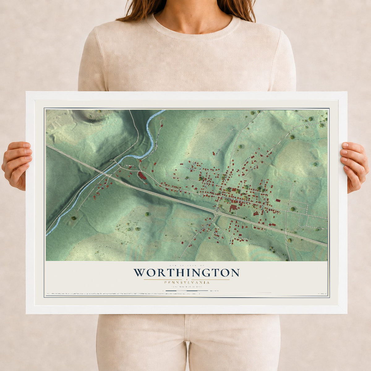 Map of Worthington, Pennsylvania, 12 x 18 inch print in a white wood frame