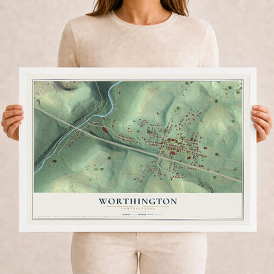 Map of Worthington, Pennsylvania, 12 x 18 inch print in a white wood frame