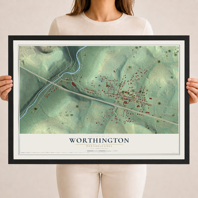 Map of Worthington, Pennsylvania, 18 x 24 inch print in a black wood frame