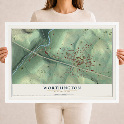 Map of Worthington, Pennsylvania, 18 x 24 inch print in a white wood frame