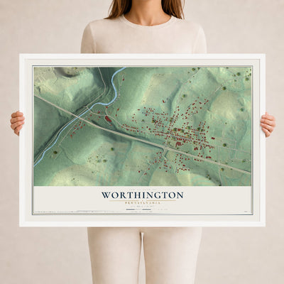 Map of Worthington, Pennsylvania, 24 x 36 inch print in a white wood frame