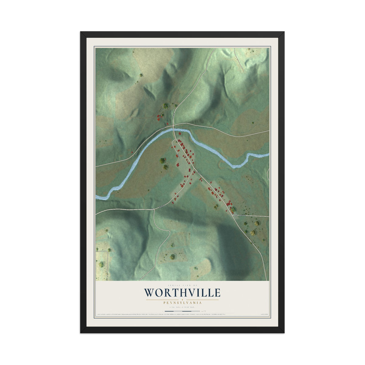 Map of Worthville, Pennsylvania, 12 x 18 inch print in a black wood frame
