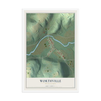 Map of Worthville, Pennsylvania, 12 x 18 inch print in a white wood frame