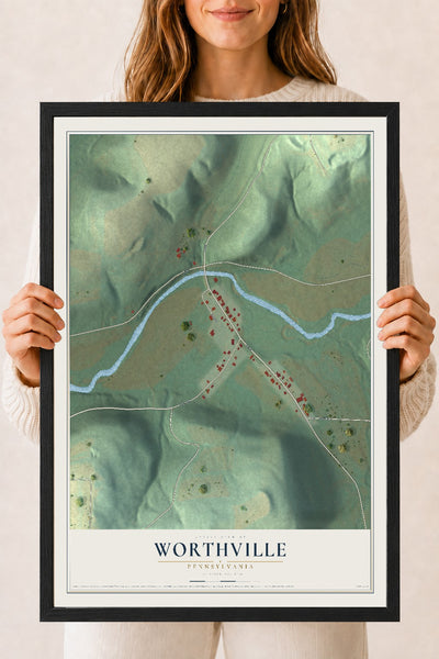 Map of Worthville, Pennsylvania, 18 x 24 inch print in a black wood frame