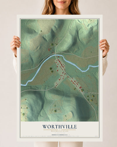 Map of Worthville, Pennsylvania, 24 x 36 inch unframed archival matte print
