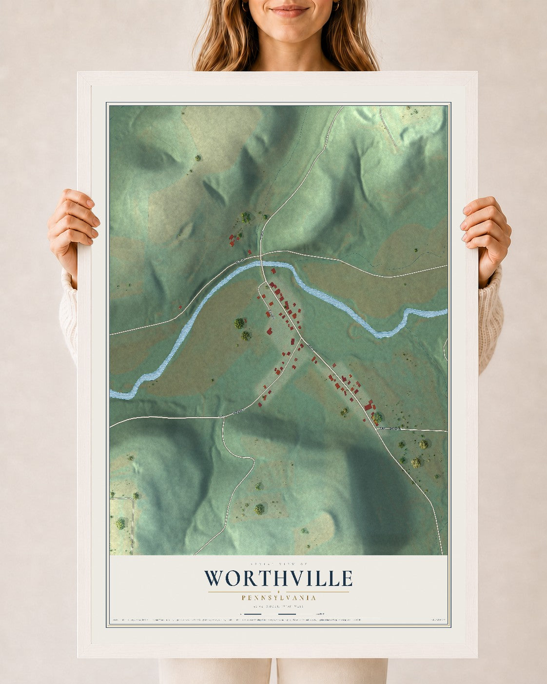 Map of Worthville, Pennsylvania, 24 x 36 inch print in a white wood frame
