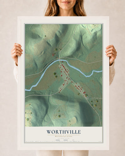 Map of Worthville, Pennsylvania, 24 x 36 inch print in a white wood frame