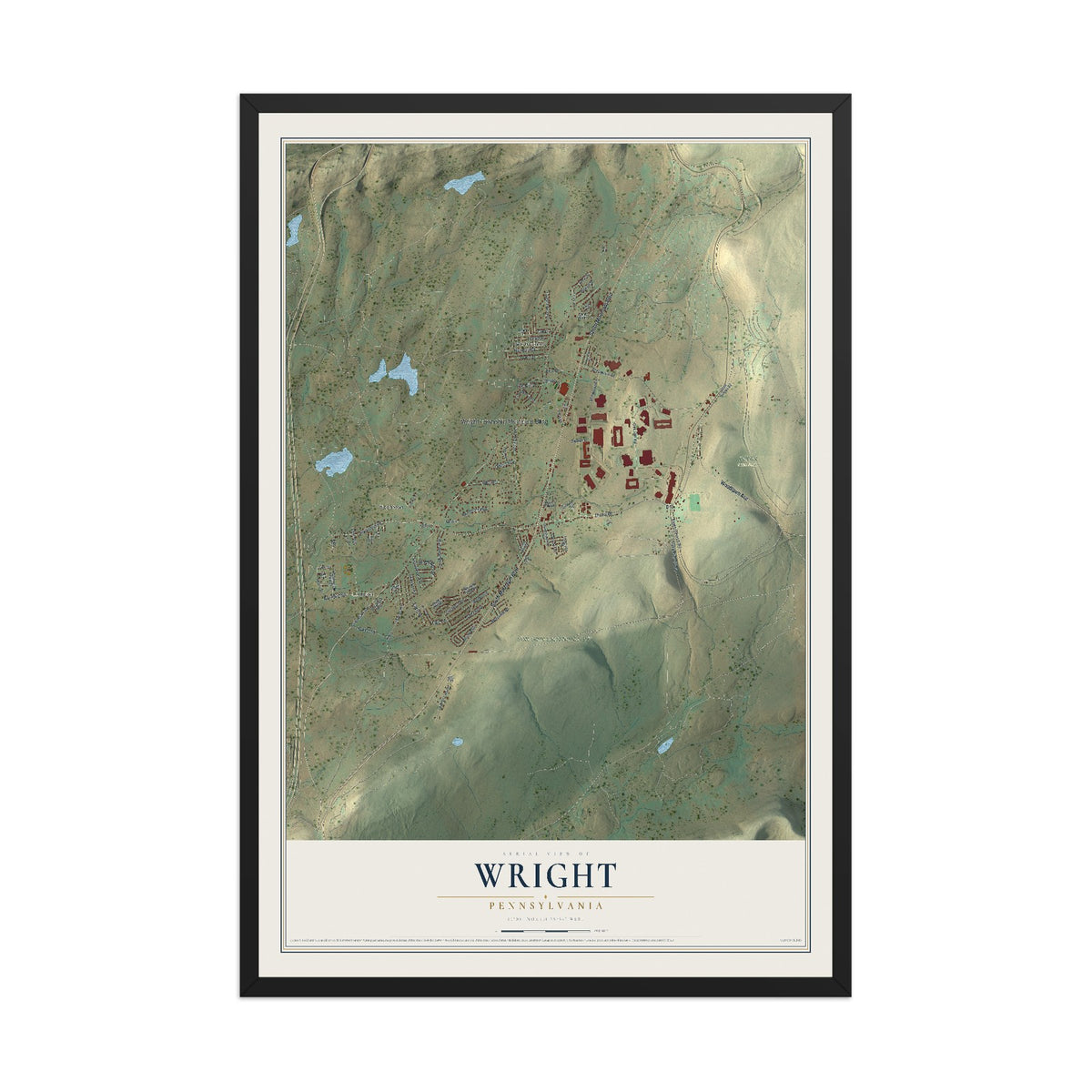 Map of Wright, Pennsylvania, 12 x 18 inch print in a black wood frame