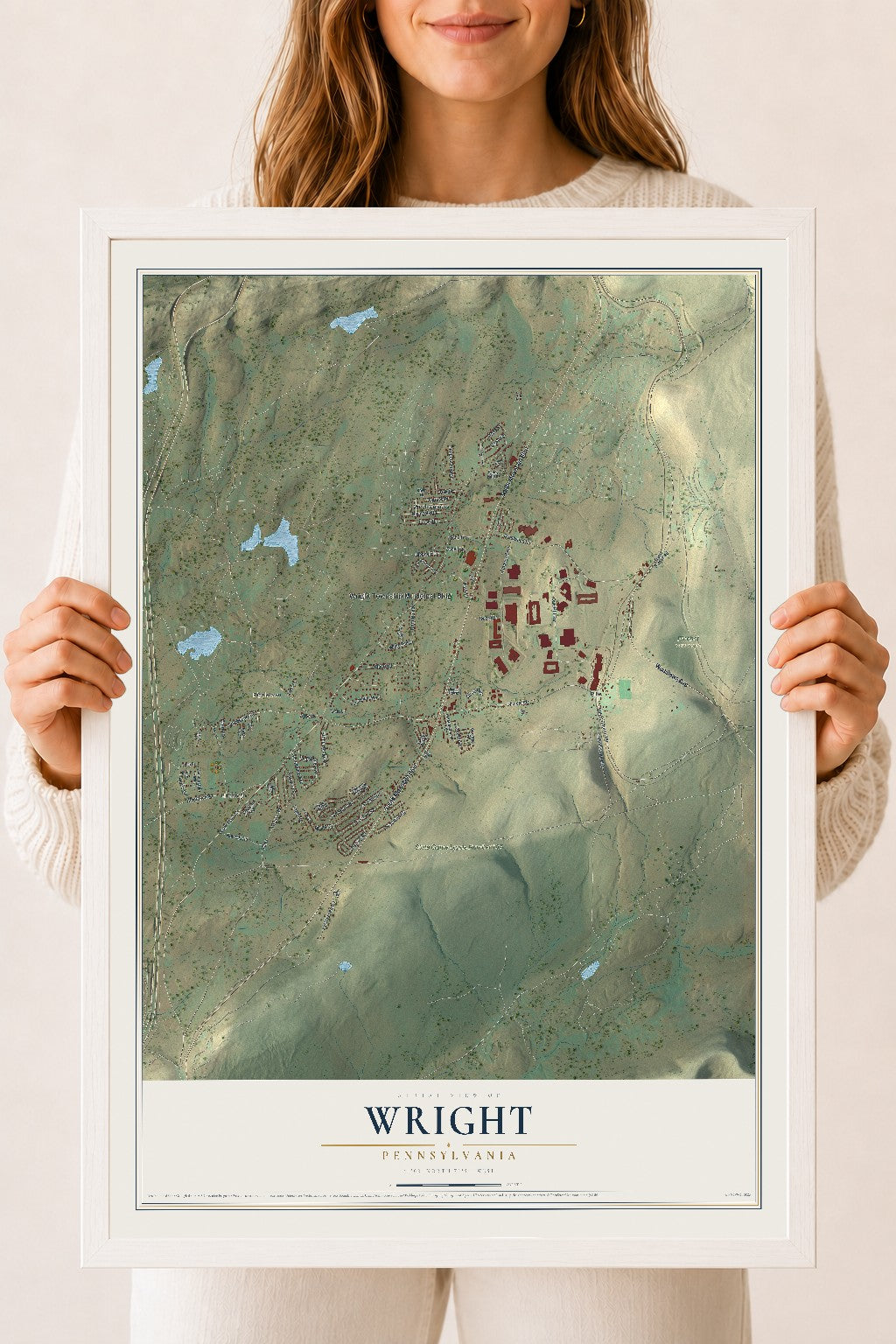 Map of Wright, Pennsylvania, 18 x 24 inch print in a white wood frame