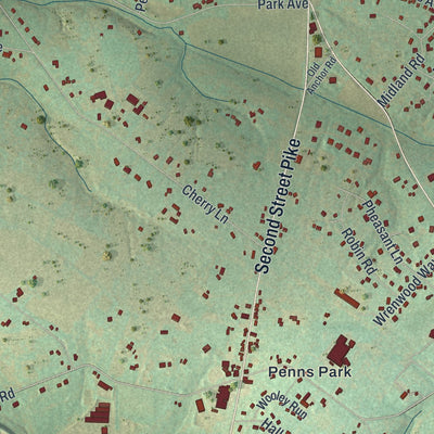 Second close-up of the map of Wrightstown, Pennsylvania print showing more streets and buildings