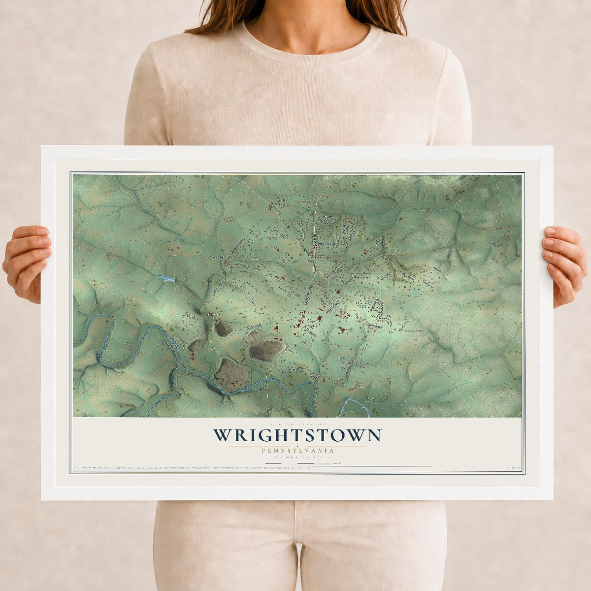Map of Wrightstown, Pennsylvania, 12 x 18 inch print in a white wood frame