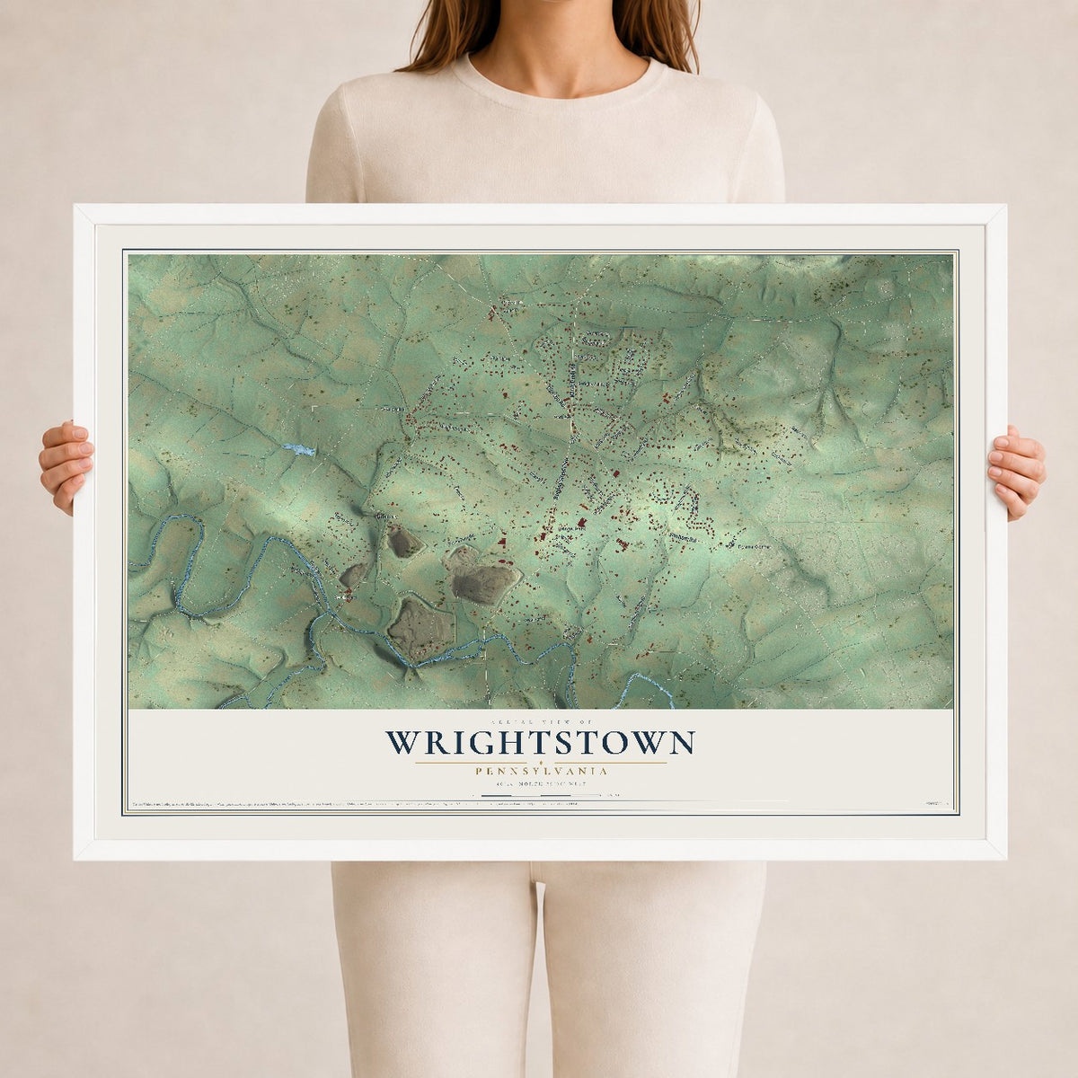 Map of Wrightstown, Pennsylvania, 24 x 36 inch print in a white wood frame