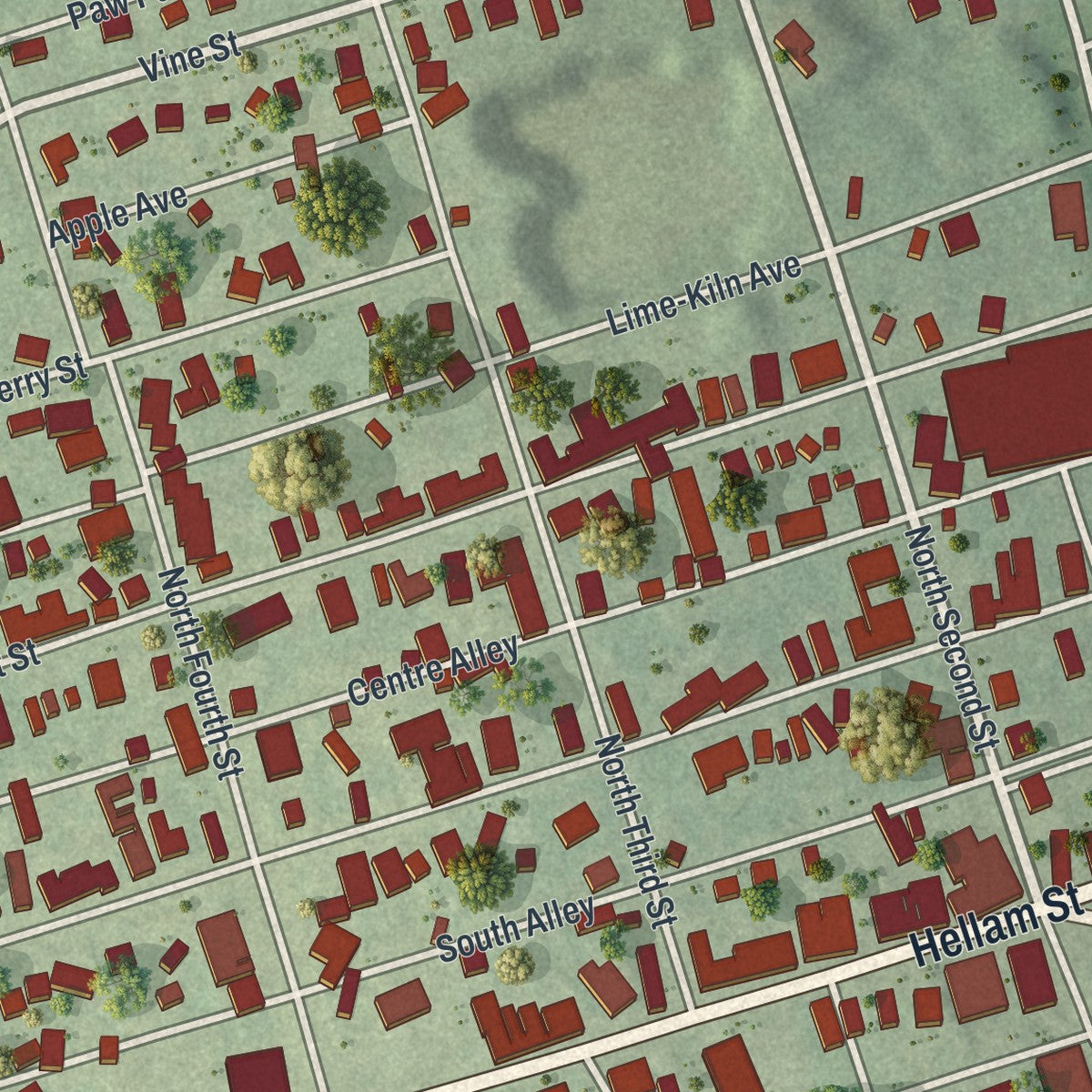 Close-up of the map of Wrightsville, Pennsylvania print showing street and building detail