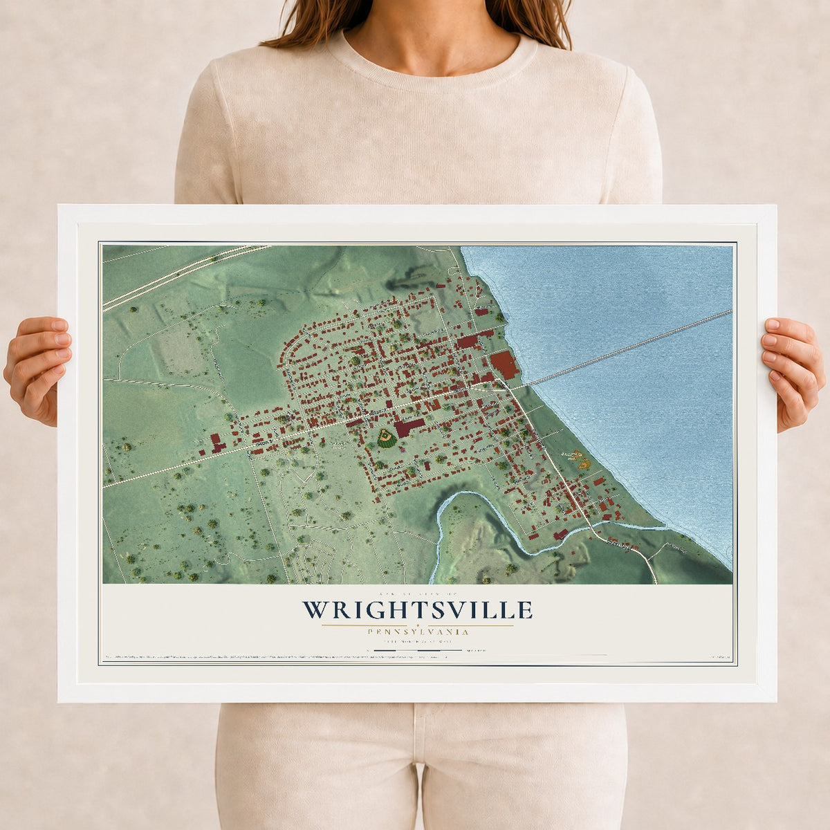 Map of Wrightsville, Pennsylvania, 12 x 18 inch print in a white wood frame