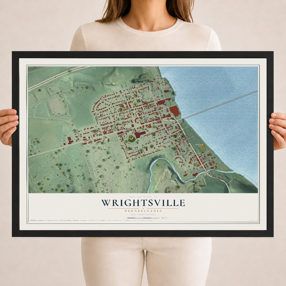Map of Wrightsville, Pennsylvania, 18 x 24 inch print in a black wood frame