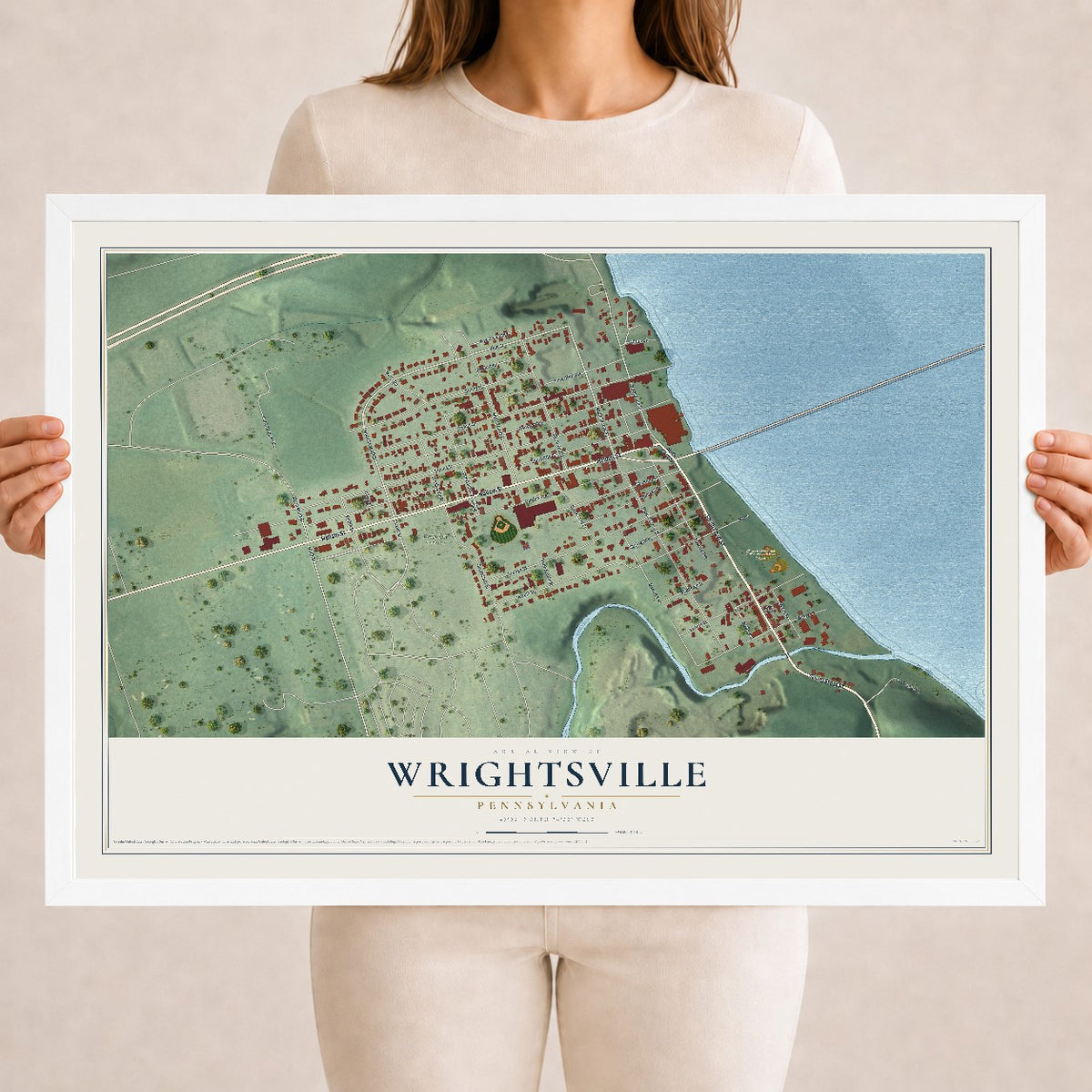 Map of Wrightsville, Pennsylvania, 18 x 24 inch print in a white wood frame